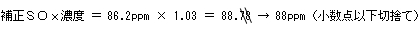 補正ＳＯｘ濃度 ＝ 86.2ppmｘ1.03 ＝ 88.78→88ppm（小数点以下切捨て）