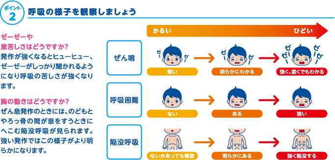 ポイント2、Q.呼吸の様子を観察しましょう…ゼーゼーや息苦しさはどうですか？　A.発作が強くなるとヒューヒュー、ゼーゼーがしっかり聞かれるようになり呼吸の苦しさが強くなります。／Q.胸の動きはどうですか？　A.ぜん息発作のときには、のどもとやろっ骨の間が息をすうときにへこむ陥没呼吸が見られます。強い発作ではこの様子がより明らかになります。