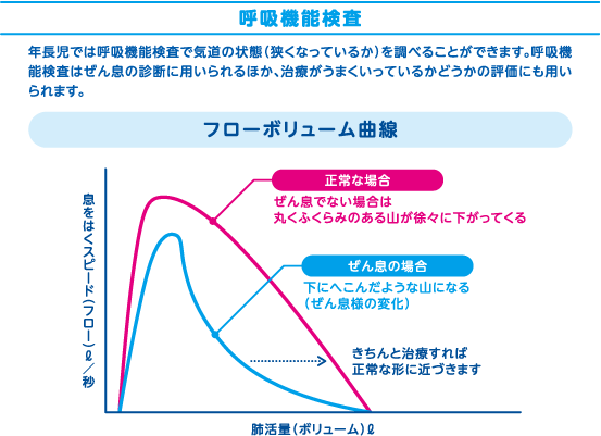 呼吸機能検査・・・年長児では呼吸機能検査で気道の状態（狭くなっているか）を調べることができます。呼吸機能検査はぜん息の診断に用いられるほか、治療がうまくいっているかどうかの評価にも用いられます。