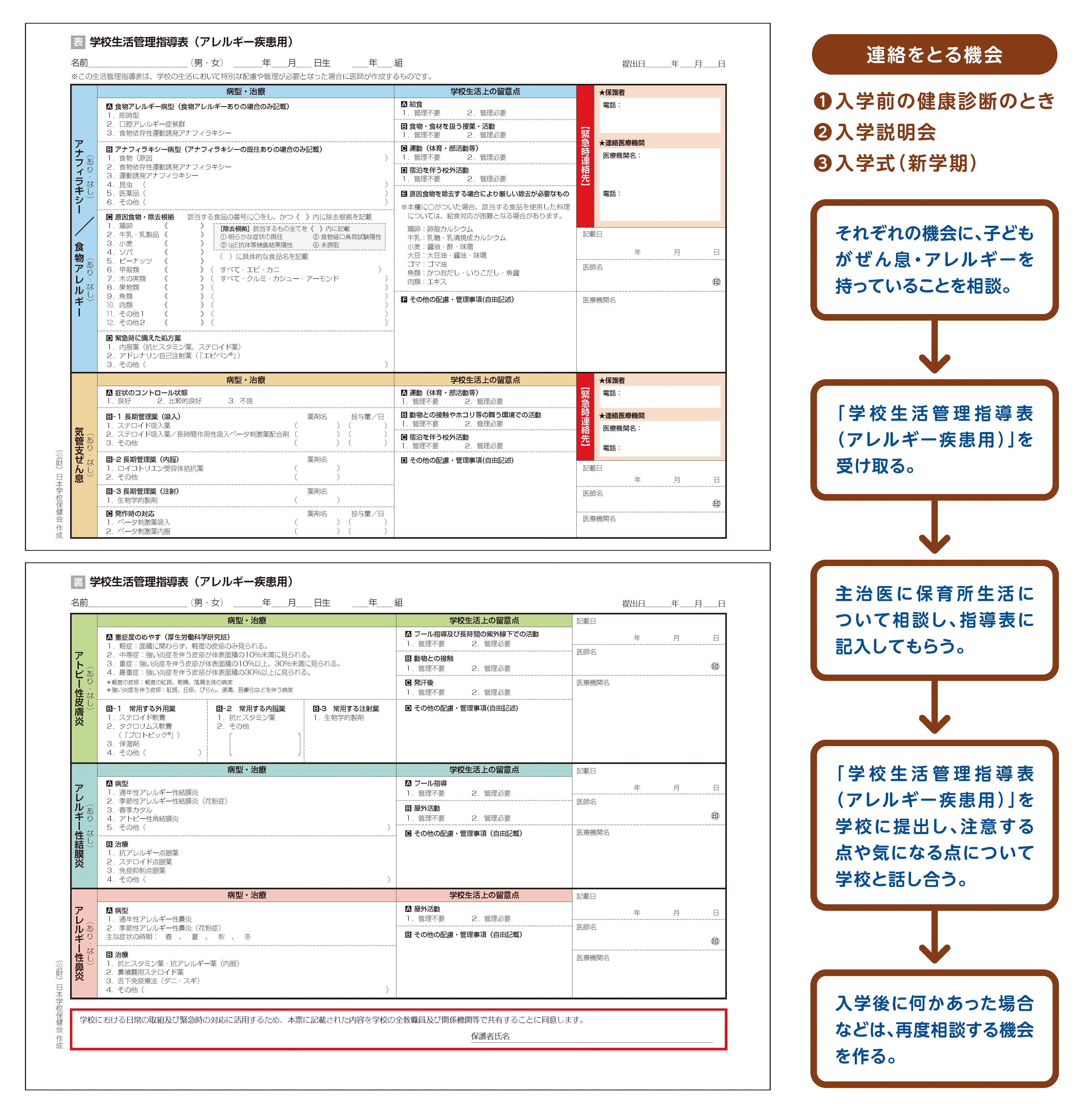 学校生活管理指導表（アレルギー疾患用） 表、裏