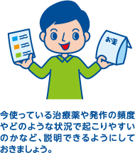 今使っている治療薬や発作の頻度やどのような状況で起こりやすいのかなど、説明できるようにしておきましょう。