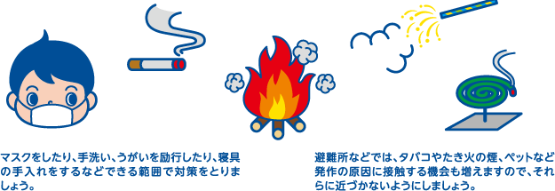 マスクをしたり、手洗い、うがいを励行したり、寝具の手入れをするなどできる範囲で対策をとりましょう。避難所などでは、タバコやたき火の煙、ペットなど発作の原因に接触する機会も増えますので、それらに近づかないようにしましょう。