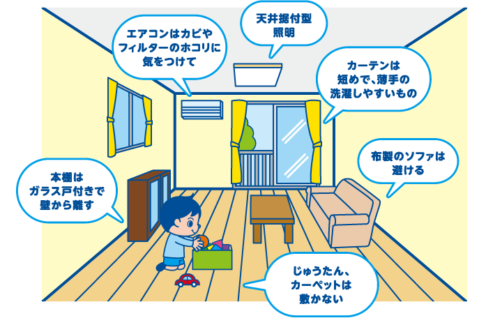 対策1.部屋作りのポイント・・・じゅうたんや布製ソファをなくしてダニの隠れ場所（生息場所）をなくしましょう。定期的に窓を開けて換気をして、部屋の湿度を下げましょう。家具を減らして掃除機がけをしやすい部屋を作りましょう。