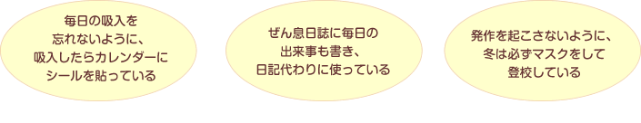 「毎日の吸入を忘れないように、吸入したらカレンダーにシールを張っている」　「ぜん息日誌に毎日の出来事も書き、日記代わりに使っている」　「発作を起こさないように、冬は必ずマスクをして登校している」