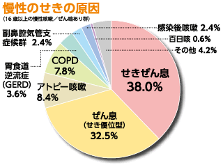 慢性のせきの原因　（16 歳以上の慢性咳嗽/ぜん鳴あり群）円グラフ　せきぜん息38.0%、ぜん息（せき優位型）32.5%、アトピー咳嗽8.4%、COPD7.8%、胃食道逆流症（GERD）3.6%、副鼻腔気管支症候群2.4%、感染後咳嗽 2.4%、百日咳 0.6%、その他4.2%