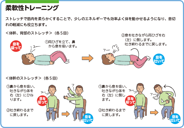 柔軟性トレーニング　ストレッチで筋肉を柔らかくすることで、少しのエネルギーでも効率よく体を動かせるようになり、息切れの軽減にも役立ちます。　体幹、背部のストレッチ（各5回）　1.両ひざを立て、鼻から息を吸います。　2.息を吐きながら両ひざを右（左）に倒します。吐き終わるまでに戻します。　体幹のストレッチ（各5回）　1.鼻から息を吸い、吐きながら体を右（左）にひねります。　2.吐き終わるまでに戻します。　1.鼻から息を吸い、吐きながら体を
右（左）に倒します。　2.吐き終わるまでに戻します。