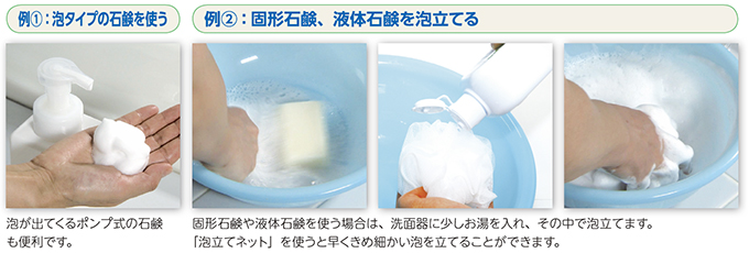 例①：泡タイプの石鹸を使う　泡が出てくるポンプ式の石鹸も便利です。例②：固形石鹸、液体石鹸を泡立てる　固形石鹸や液体石鹸を使う場合は、洗面器に少しお湯を入れ、その中で泡立てます。「泡立てネット」を使うと早くきめ細かい泡を立てることができます。