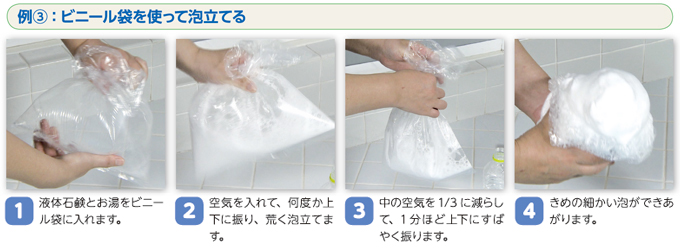 例③：ビニール袋を使って泡立てる　1　液体石鹸とお湯をビニール袋に入れます。　2　空気を入れて、何度か上下に振り、荒く泡立てます。　3　中の空気を1/3 に減らして、1 分ほど上下にすばやく振ります。　4　きめの細かい泡ができあがります。