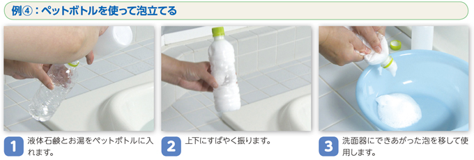 例④：ペットボトルを使って泡立てる　1　液体石鹸とお湯をペットボトルに入れます。　2　上下にすばやく振ります。　3　洗面器にできあがった泡を移して使用します。
