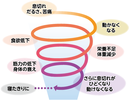 COPD患者さんは、息切れを感じると動かなくなる傾向があります。動かなくなると、食欲低下から栄養不足、体重減少、筋力の低下、身体の衰えが起こり、その結果さらに息切れがひどくなり、さらに動けなくなるという悪循環に陥ります。最終的には寝たきりになってしまうこともあります。