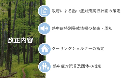 改正内容 政府による熱中症対策実行計画の策定 熱中症特別警戒情報の発表・周知 クーリングシェルターの指定 熱中症対策普及団体の指定