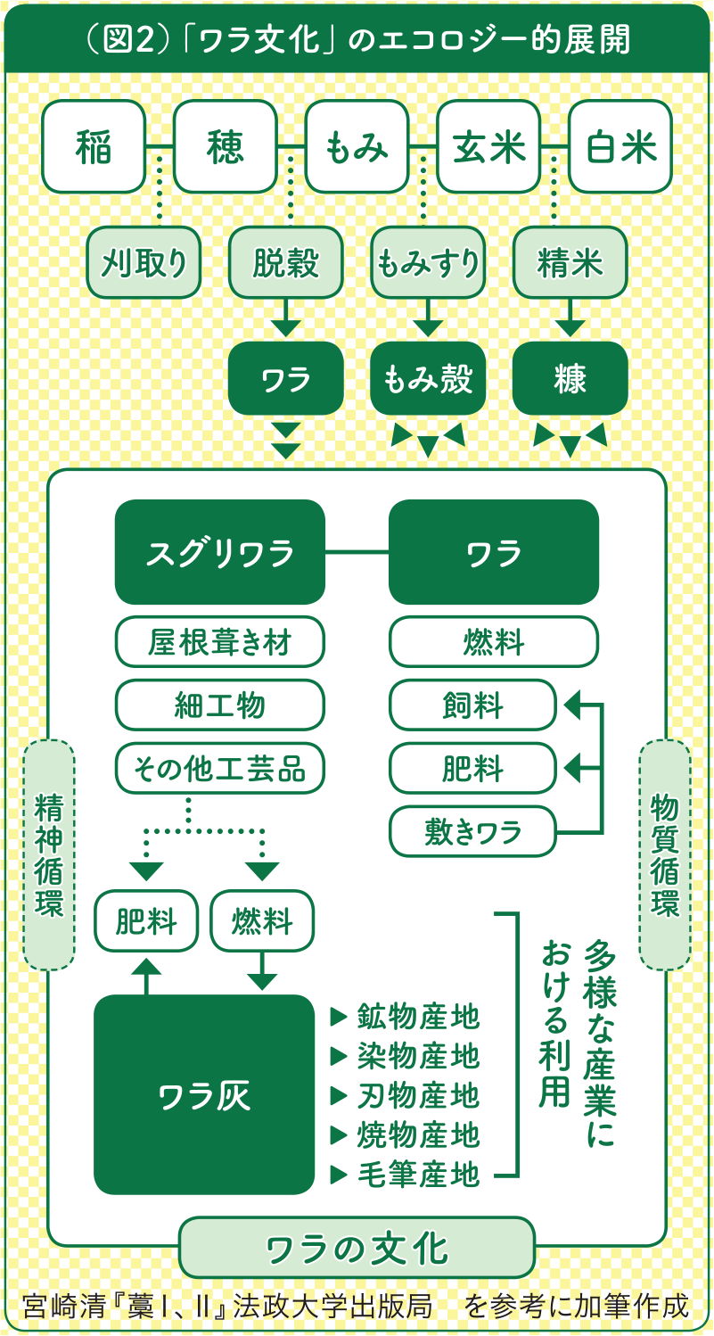 図2「ワラ文化」のエコロジー的展開ワラは米を作る際に発生するもので、稲を刈り、脱穀して残ったものがワラとなります。日本では古くから、ワラを燃料や家畜の飼料、簡易の屋根葺き材、わらじやむしろの材料にも使いました。さらにワラを焼いた後の「ワラ灰」も、染物や刃物、焼き物など多様な産業で利用されるなど、ワラを多面的に利用してきました。