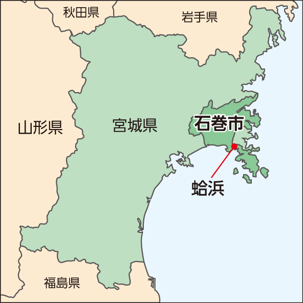 石巻市は、仙台市の北東に位置する市。仙台湾をかかえ太平洋に突出する牡鹿半島の付け根の位置に蛤浜はある。