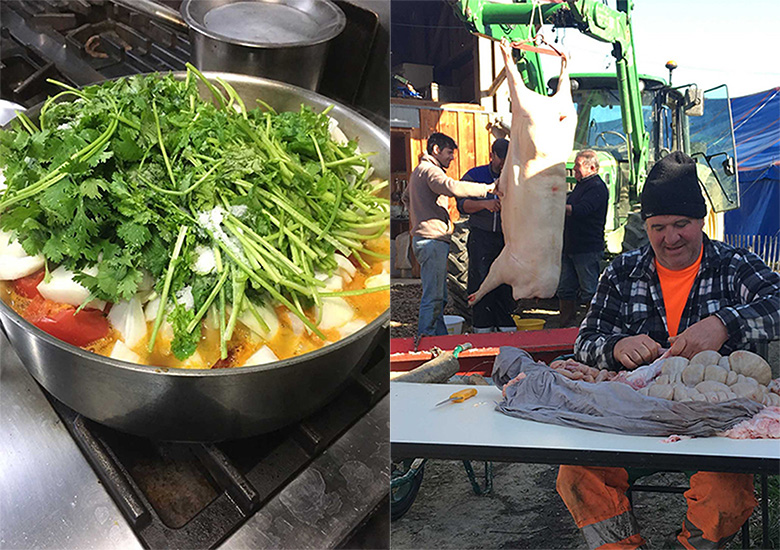 2枚の写真:レシピ開発中の写真/フランスの食肉加工の様子