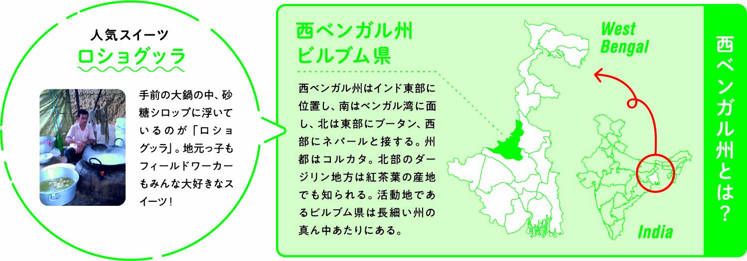 西ベンガル州はインド東部に位置し、南はベンガル湾に面し、北は東部にブータン、西部にネパールと接する。州都はコルカタ。北部のダージリン地方は紅茶葉の産地でも知られる。活動地であるビルブム県は長細い州の真ん中あたりにある。