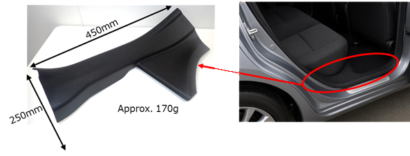Photo of scuff plate located at the footwell of a car door opening. The size is 250 mm in height and 450 mm in width, and the weight is approximately 170 grams.