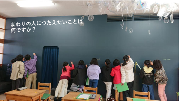 黒板の前に集まる小学生たち