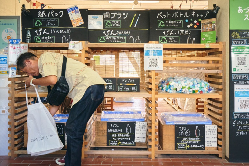 回収ステーションで分別をしている人の写真