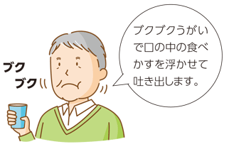 ブクブクうがいで口の中の食べかすを浮かせて 吐き出します。