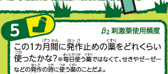 5β2 刺激薬使用頻度この１カ月間に発作止めの薬をどれくらい使ったかな？※毎日使う薬ではなくて、せきやゼーゼーなどの発作の時に使う薬のことだよ。