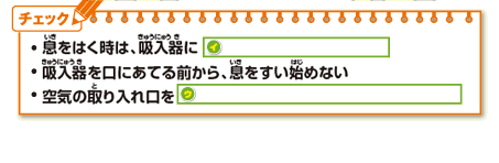 ・息をはくときは、吸入器にイ・吸入器を口にあてる前から、息をすい始めない・空気の取り入れ口を、ウ